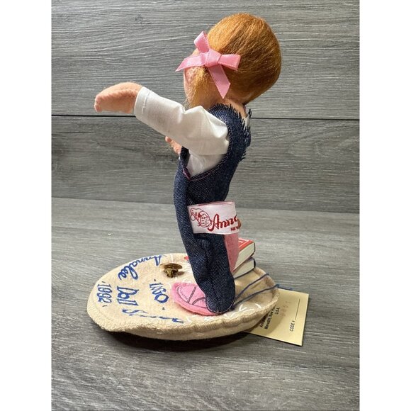Annalee Doll Society Logo 1992 School Girl Denim Overalls Books Apple Sun Pin - Picture 7 of 12